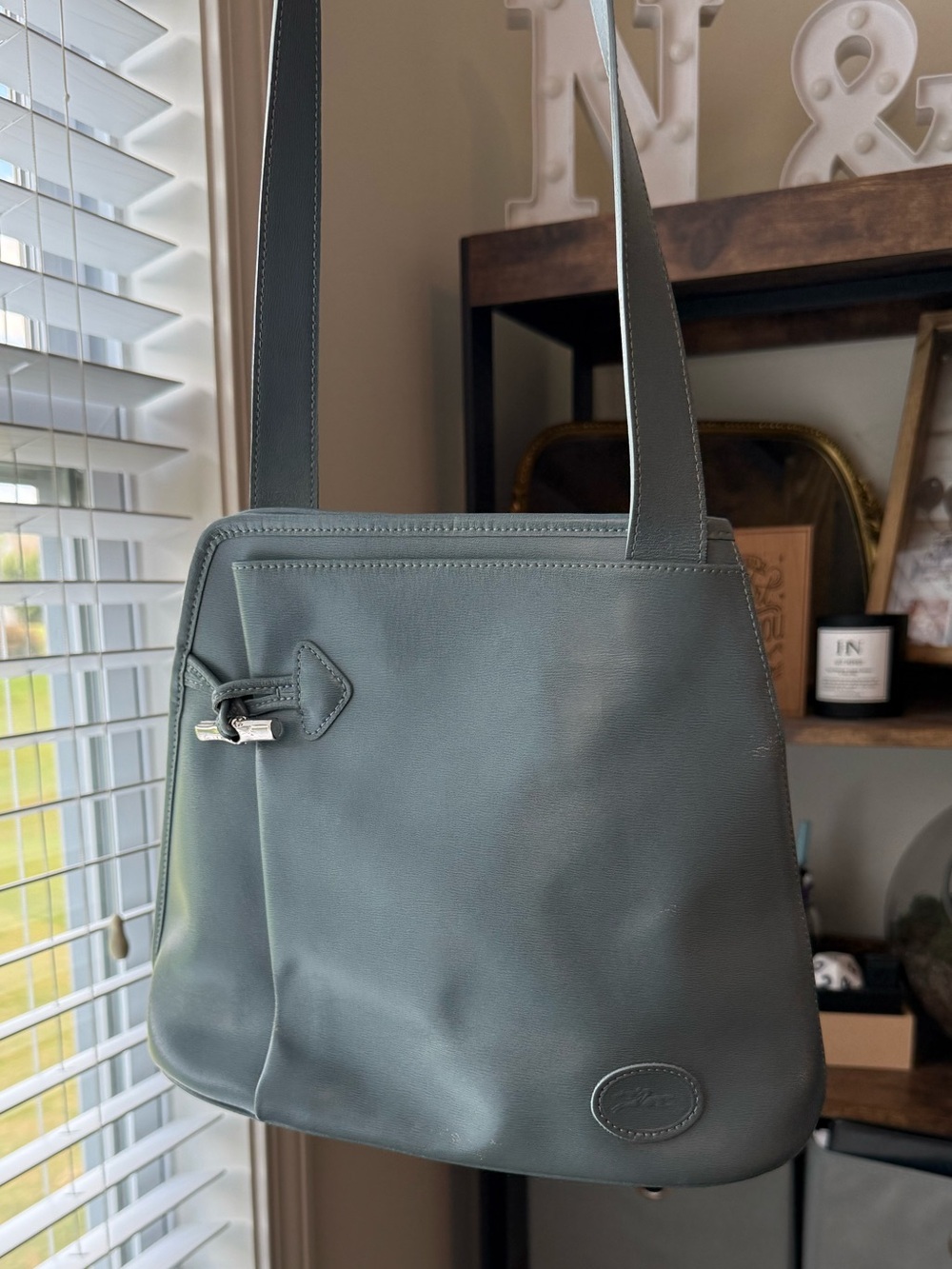 Longchamp Roseau Leather Bucket Bag Blue Grey
